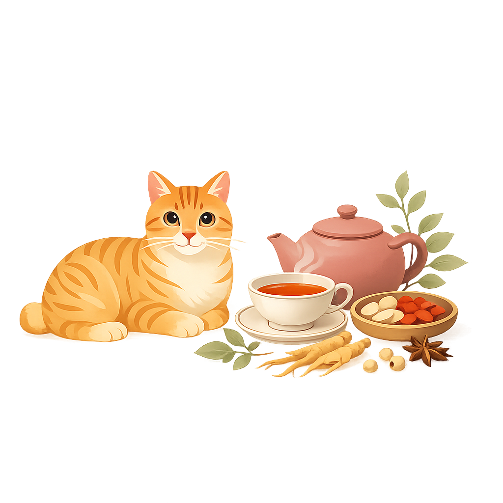 茶トラ猫と湯呑み・薬膳のイラスト